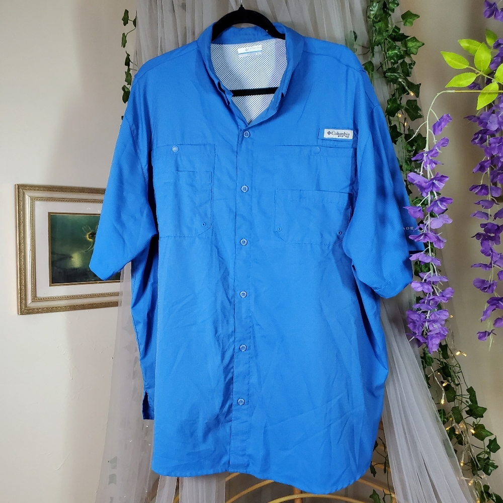 Columbia PFG Shirt XL Blue Omni-Shade Vented Fishing Golf Mesh Short Sleeve
